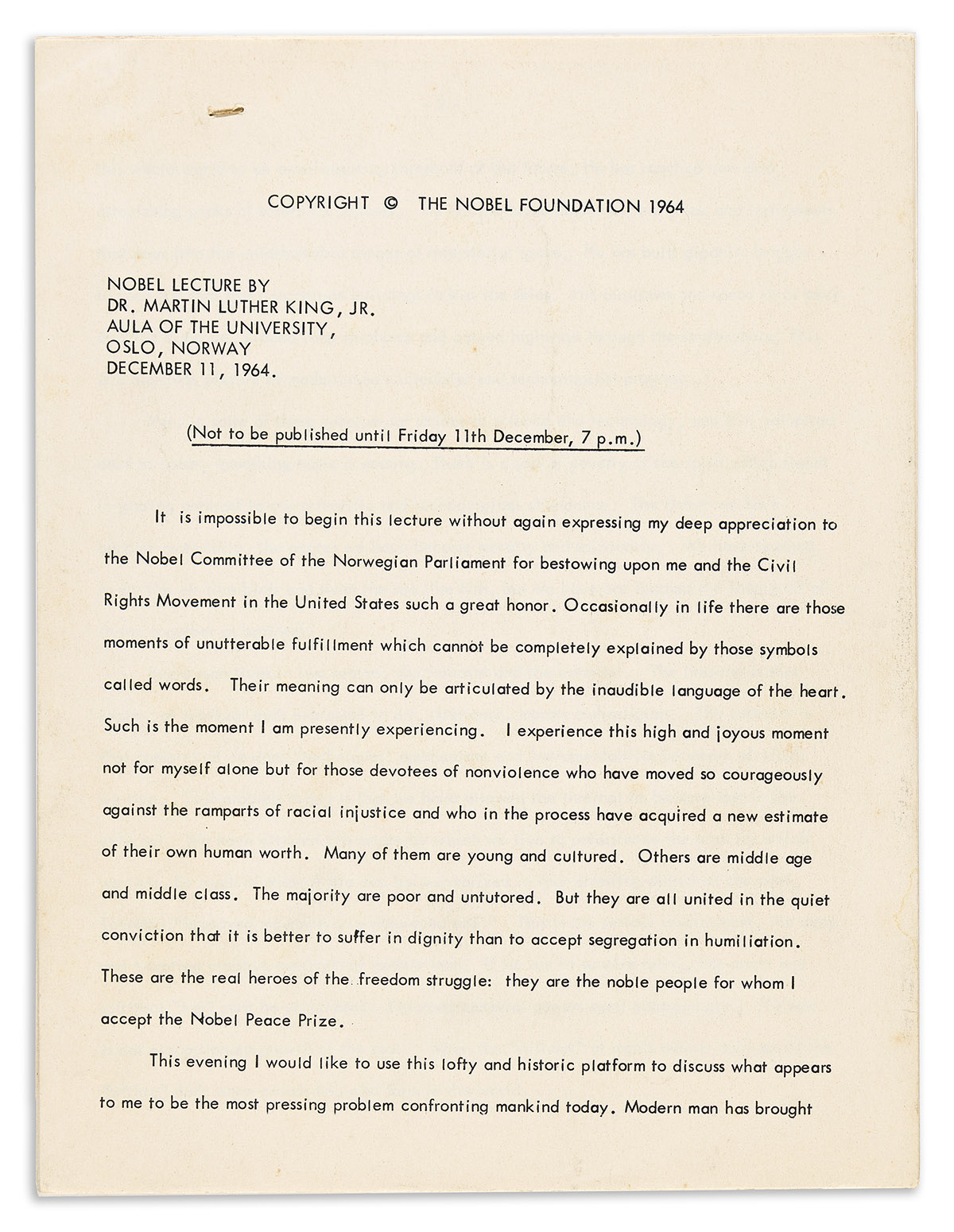 MARTIN LUTHER KING. Advance press copy of his Nobel Peace Prize lecture.